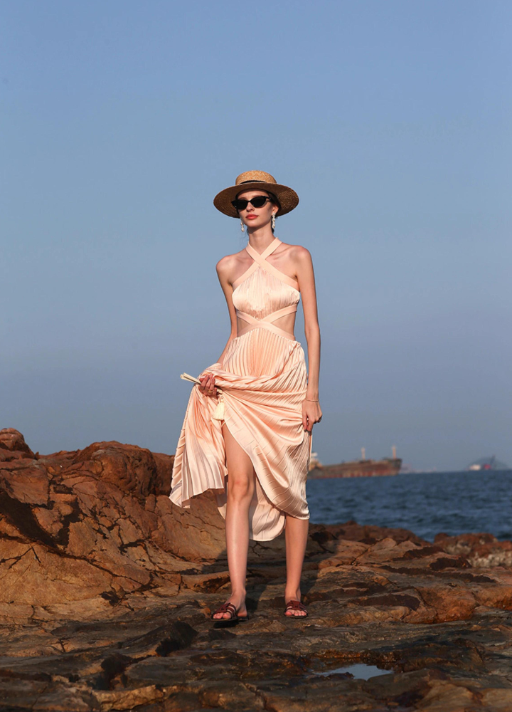 Woman Cross Halter Neck Side Slits Pleats Long Dress CDR093