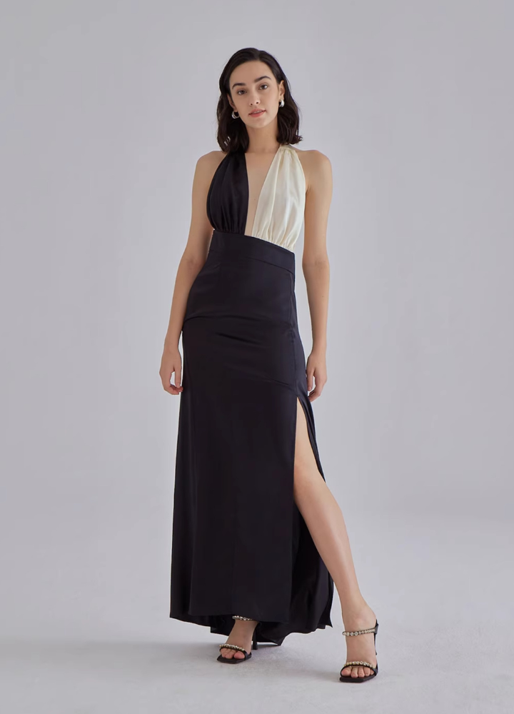 Woman Silk Backless Halter Neck Long Dress CDR033