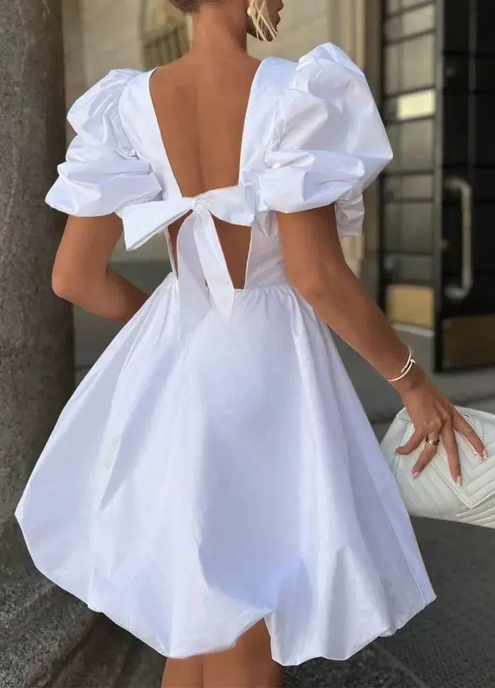 Woman Puff Sleeve Back Ribbon Mini Dress CDR008